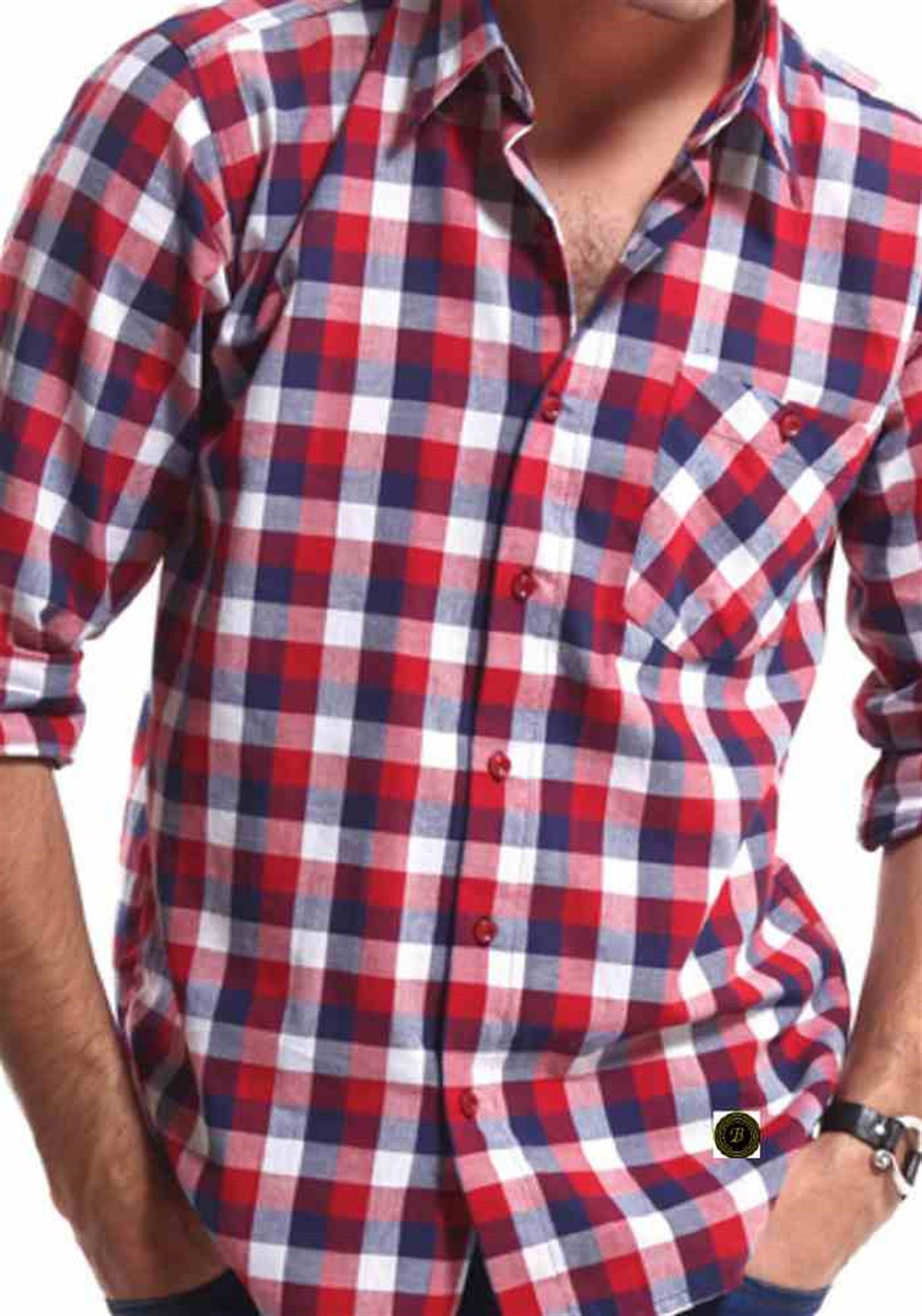 Hakim Yaka Kısa Kollu Tshirt Ekose  Beyaz Kırmızı