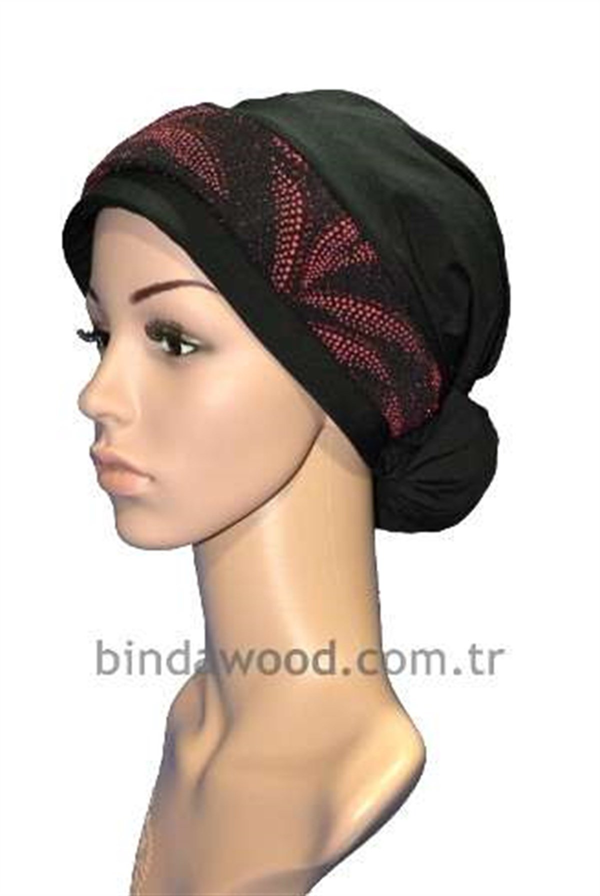 Kırmızı Desenli Topuzlu Abiye Türban Bone