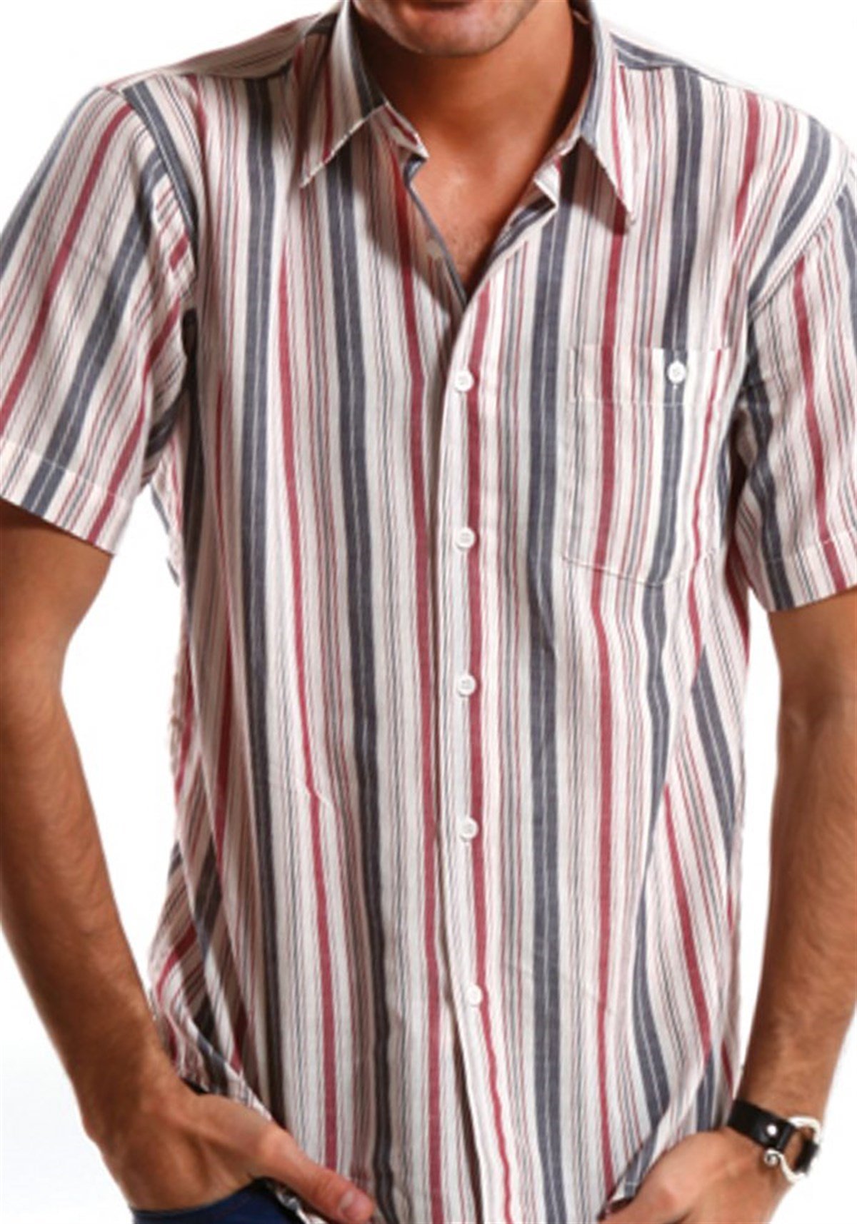 Kısa Kollu Çizgili Gömlek Cepli