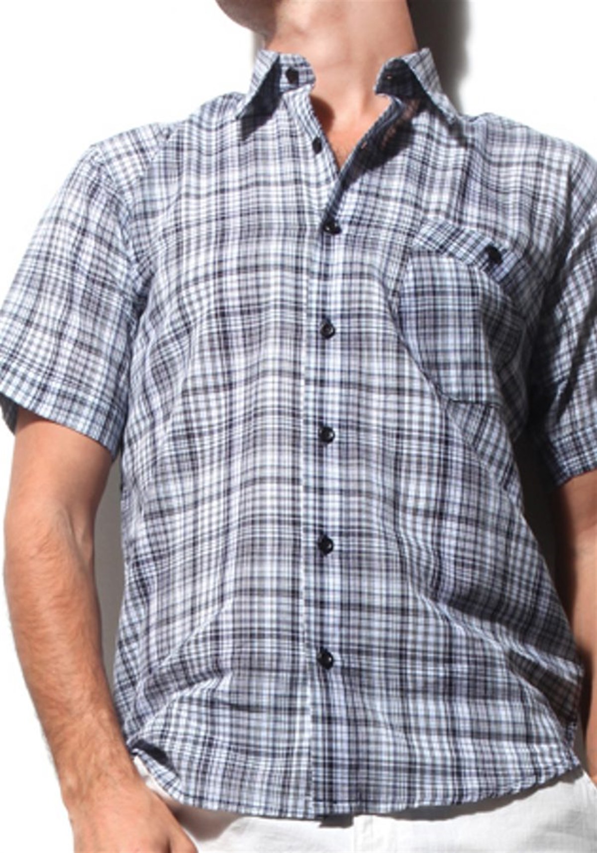 Kısa Kollu Ekose Koyu Cepli Gömlek