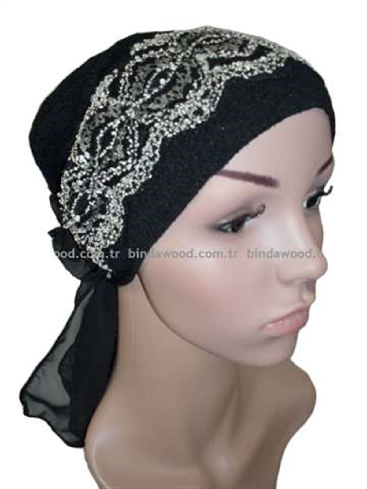 Krem Nakışlı Siyah Hazır Türban