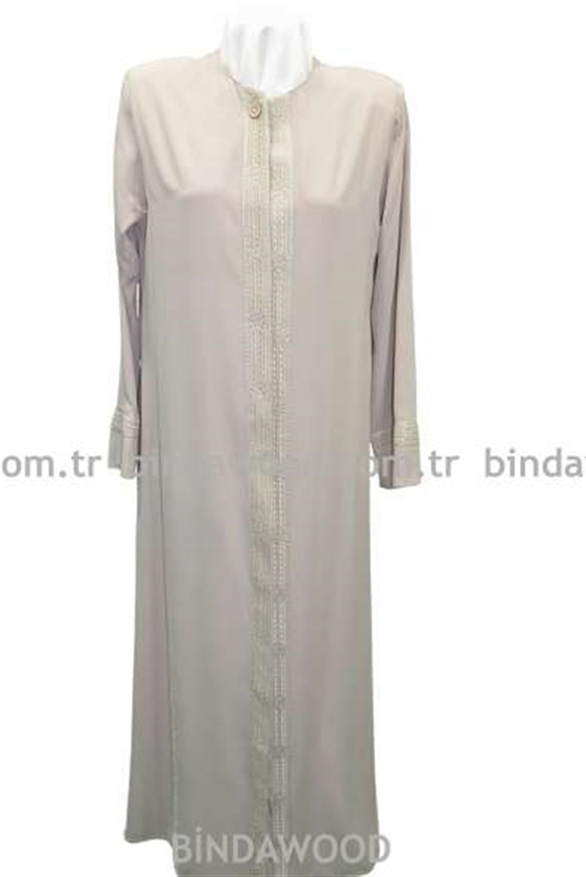 Krem Renkli Gizli Düğmeli Nakışlı Ferace