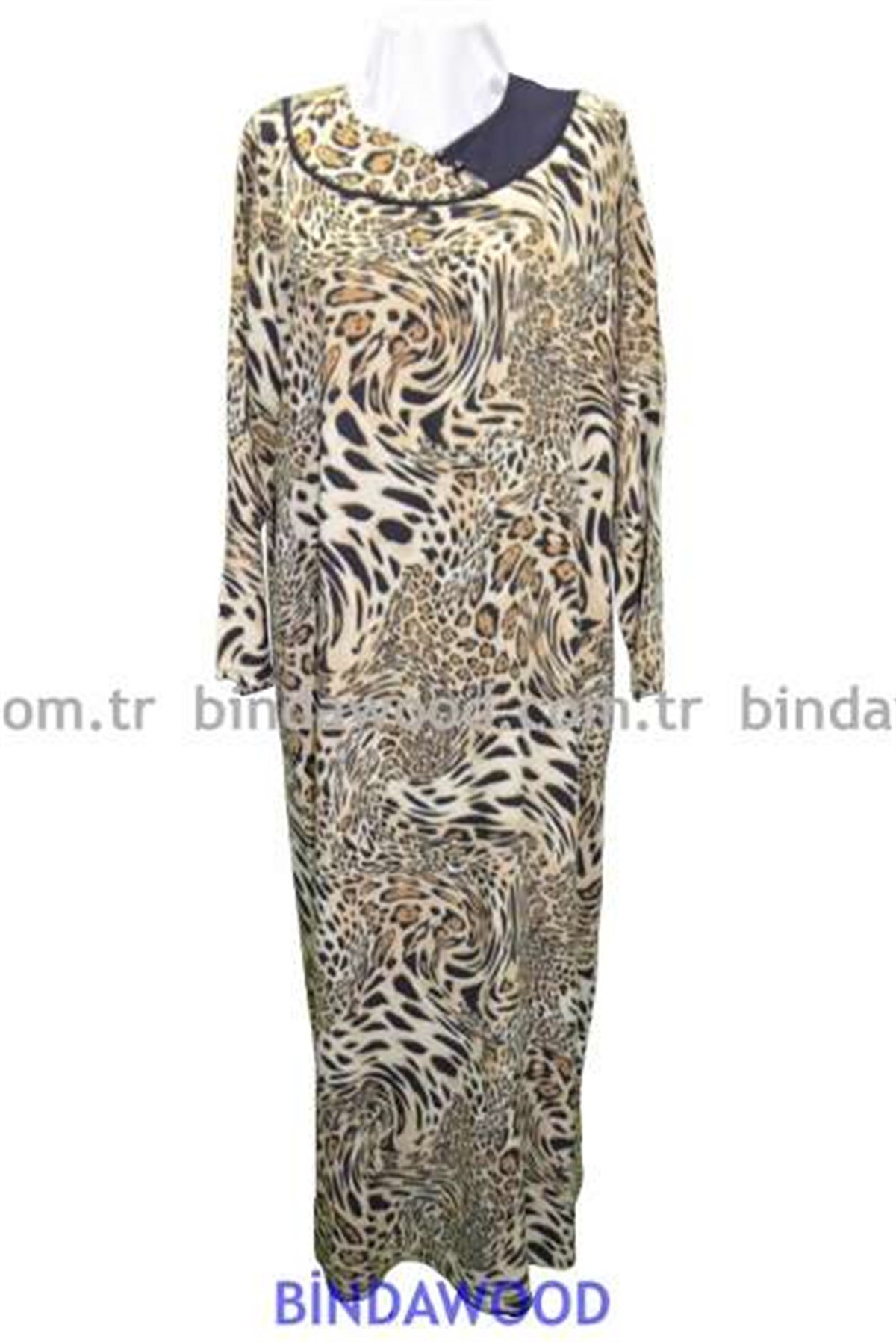 Leopar Siyah  Desenli Yuvarlak Yaka Pamuklu Anne Elbise BR-546