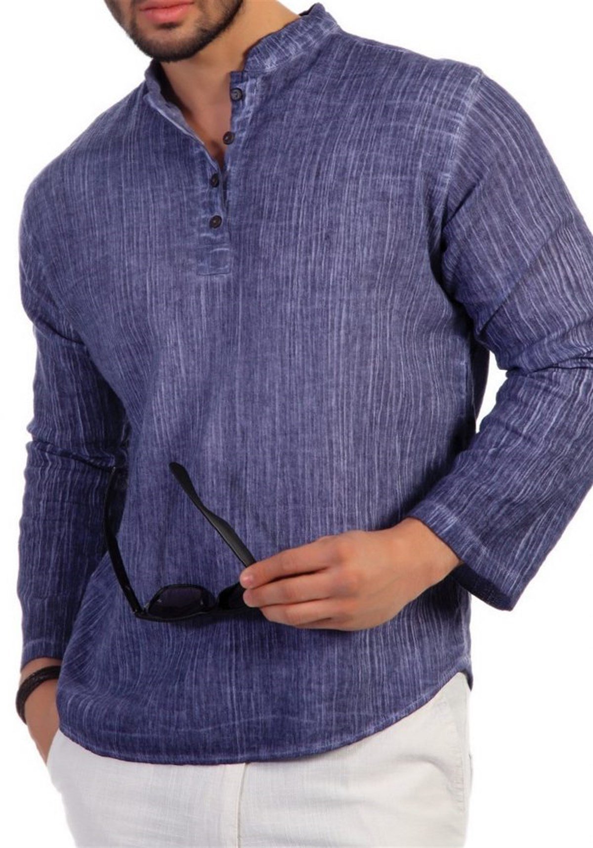 Mavi Eskitme Hakim Yaka Uzun Kol Gömlek Tshirt