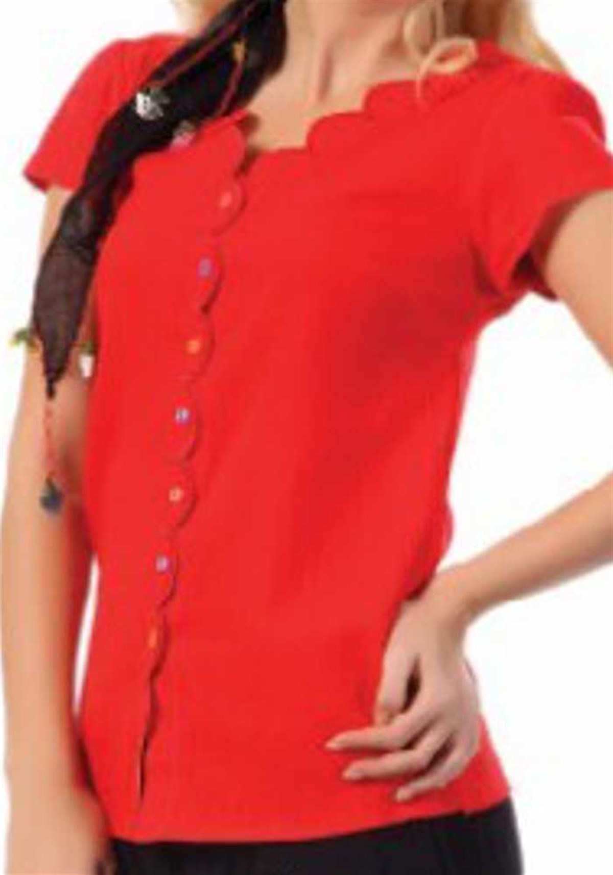 Motifli Yaka Kısa Kol Bluz