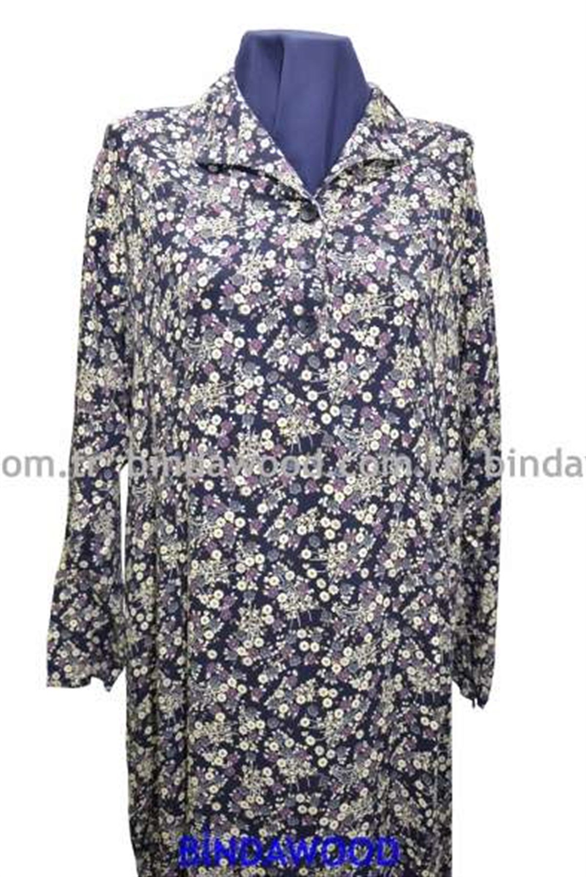 Mürdüm Gri Desenli Yakası Düğmeli Pamuklu Anne Elbise