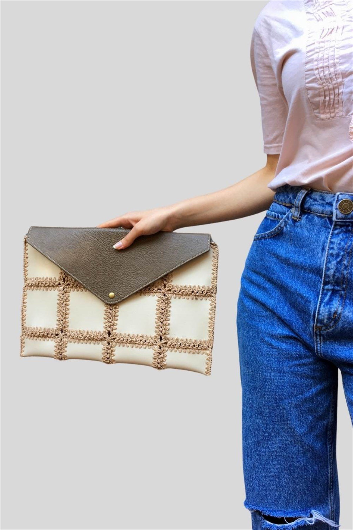 Örme Clutch Çanta Kum Beji