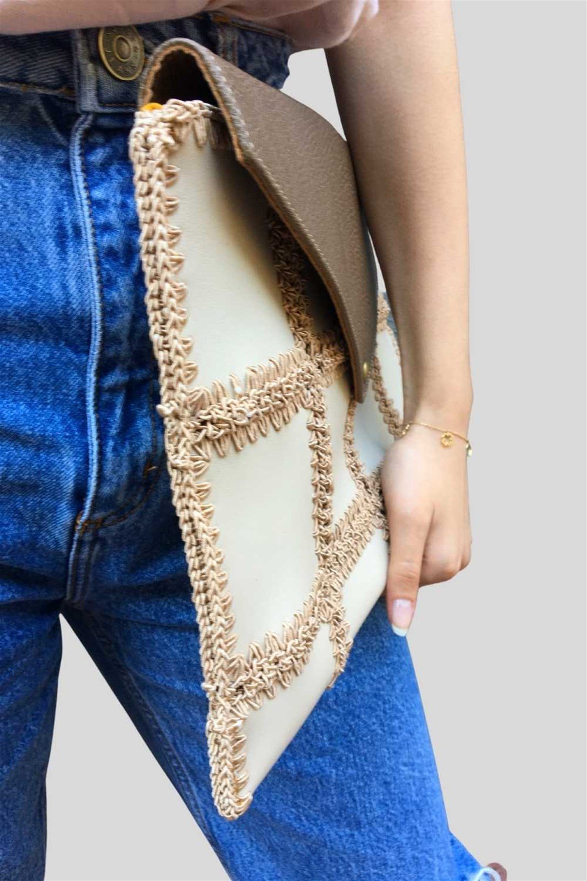 Örme Clutch Çanta Kum Beji