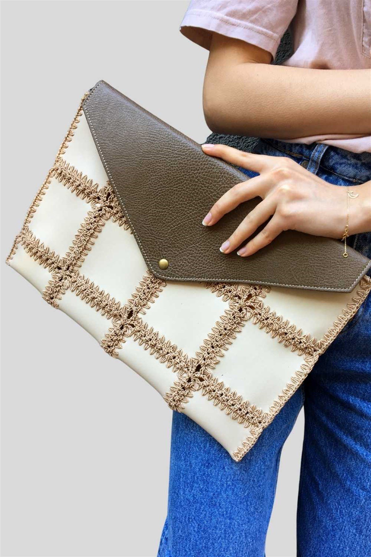 Örme Clutch Çanta Kum Beji