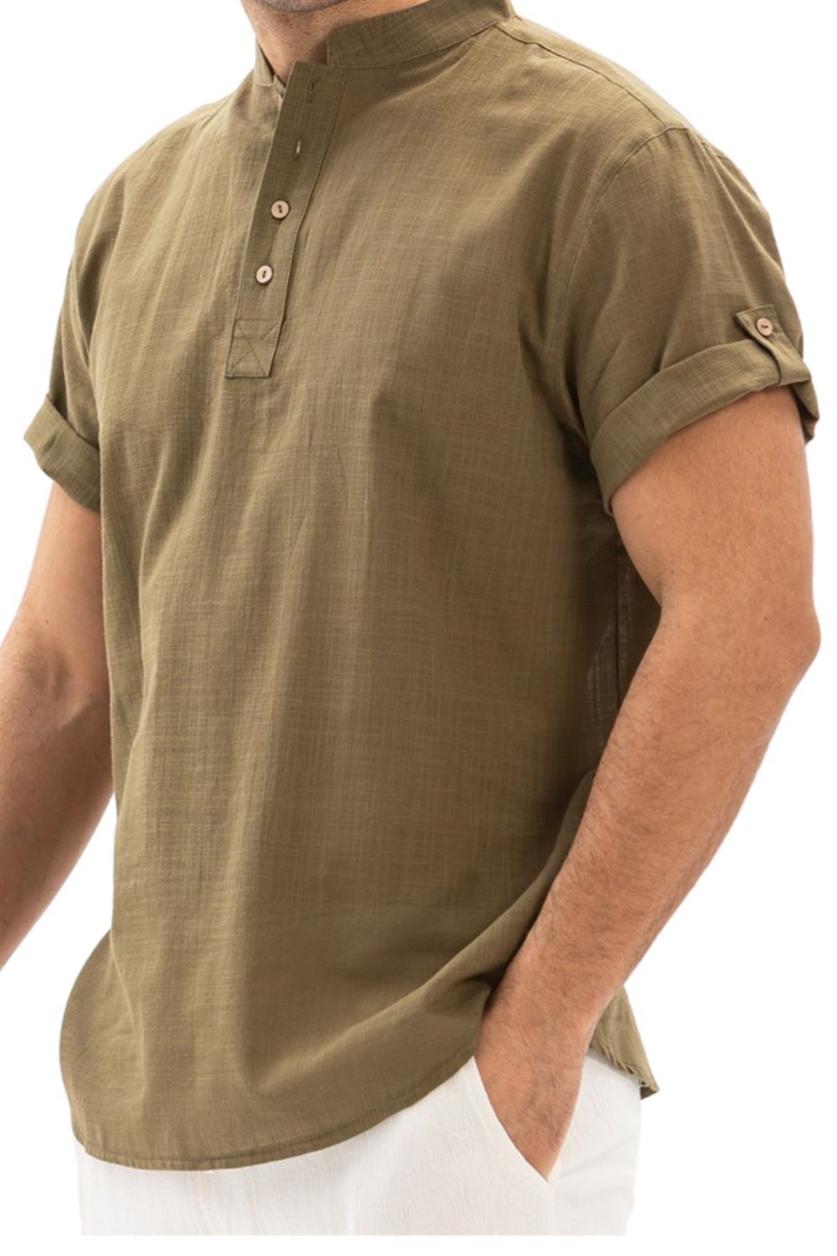 Şile Bezi Hakim Yaka Tshirt Kısa Kollu Koyu Haki