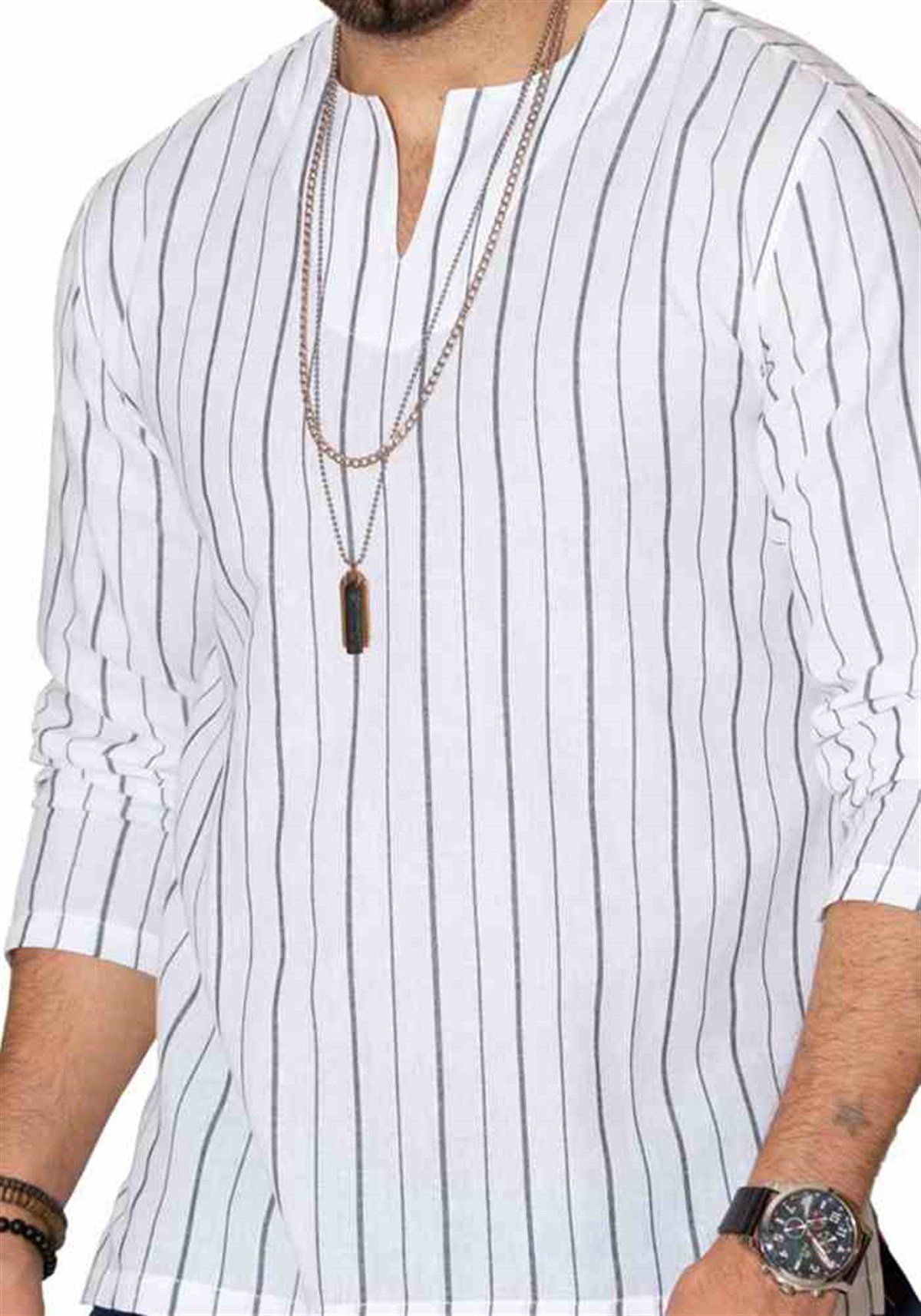 Uzun Kol Yakasız Açık Renk Çizgili