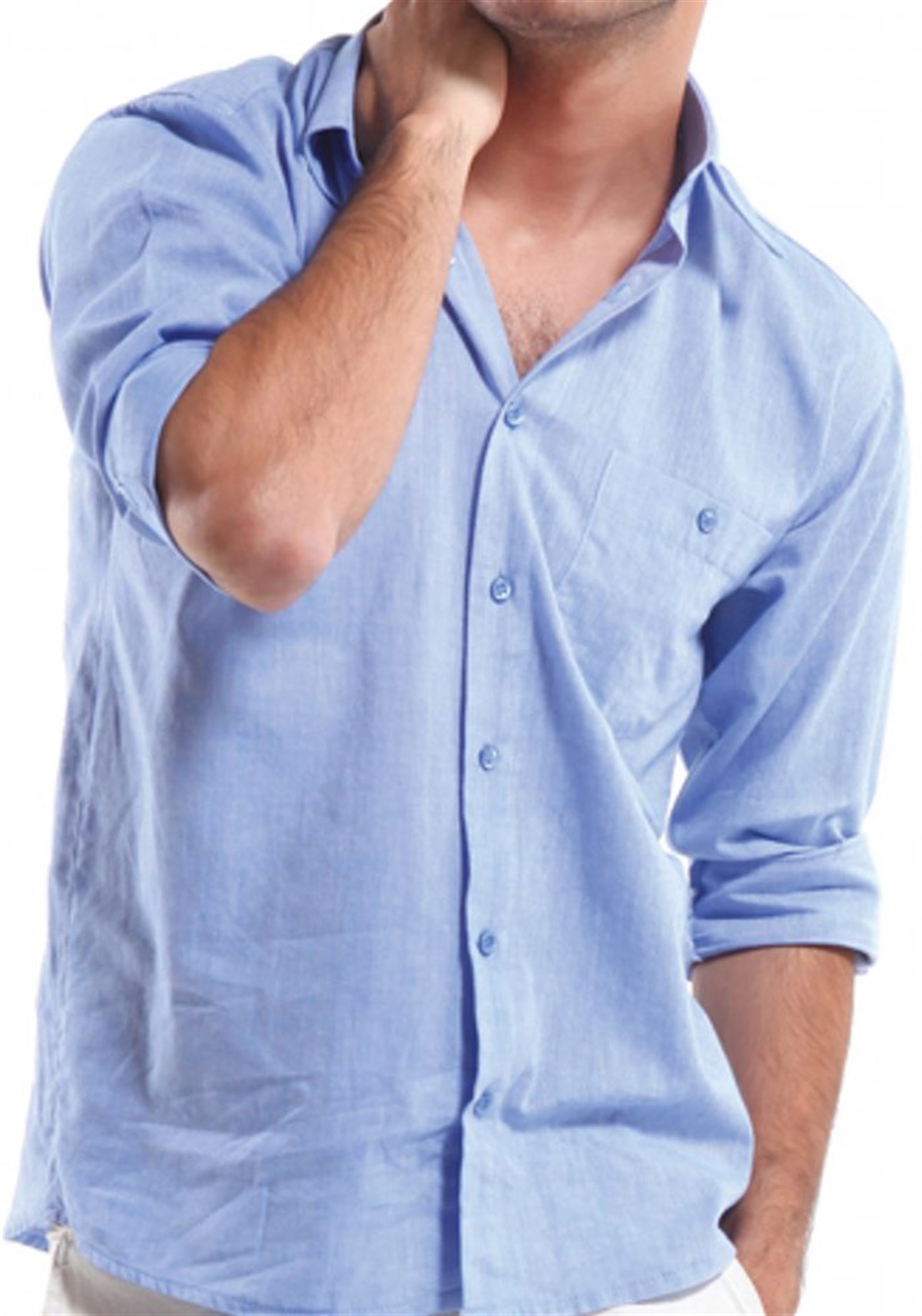 Uzun Kollu Mavi Gömlek Cepli