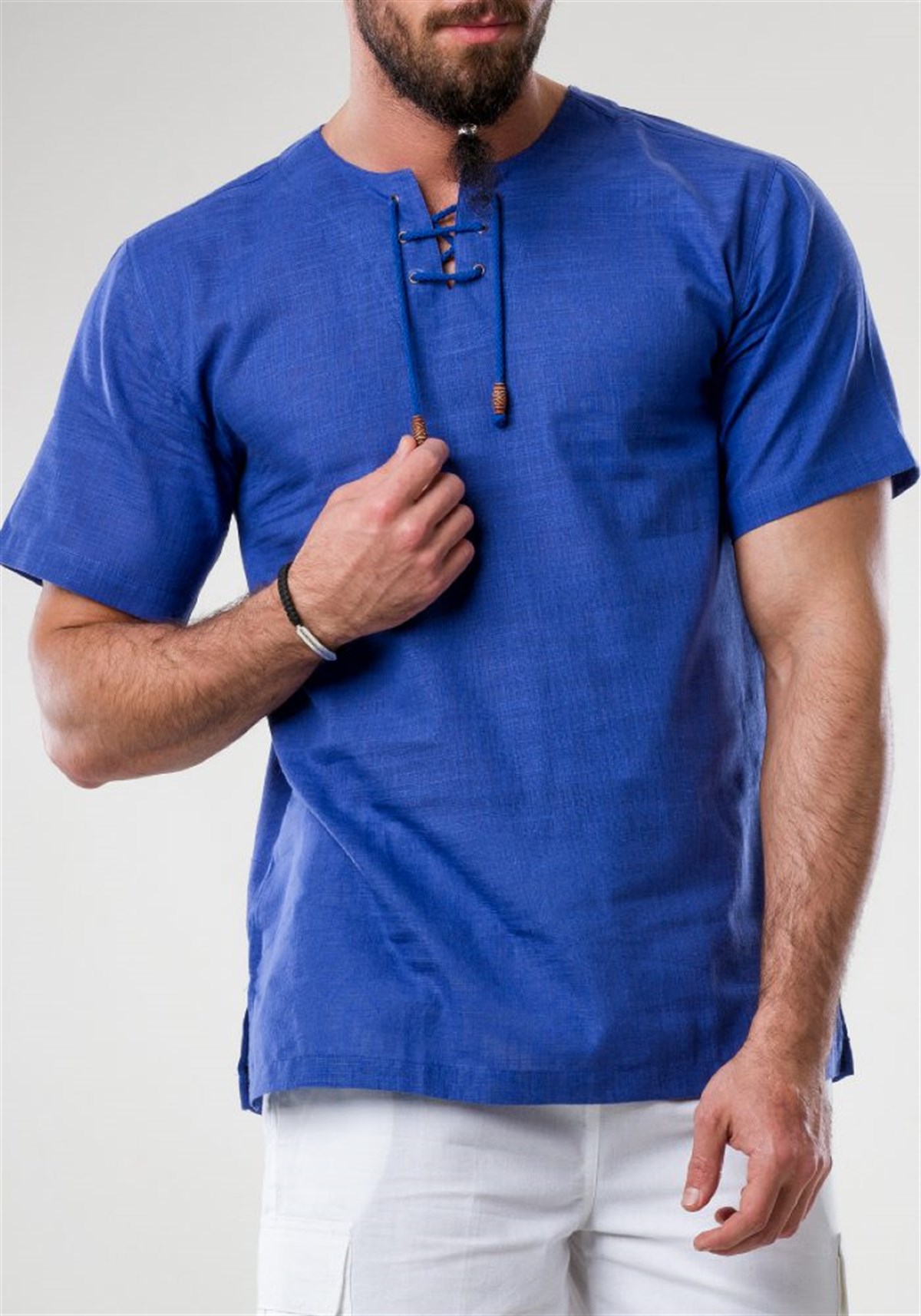 yakasız ipli tişört şile bezi mavi