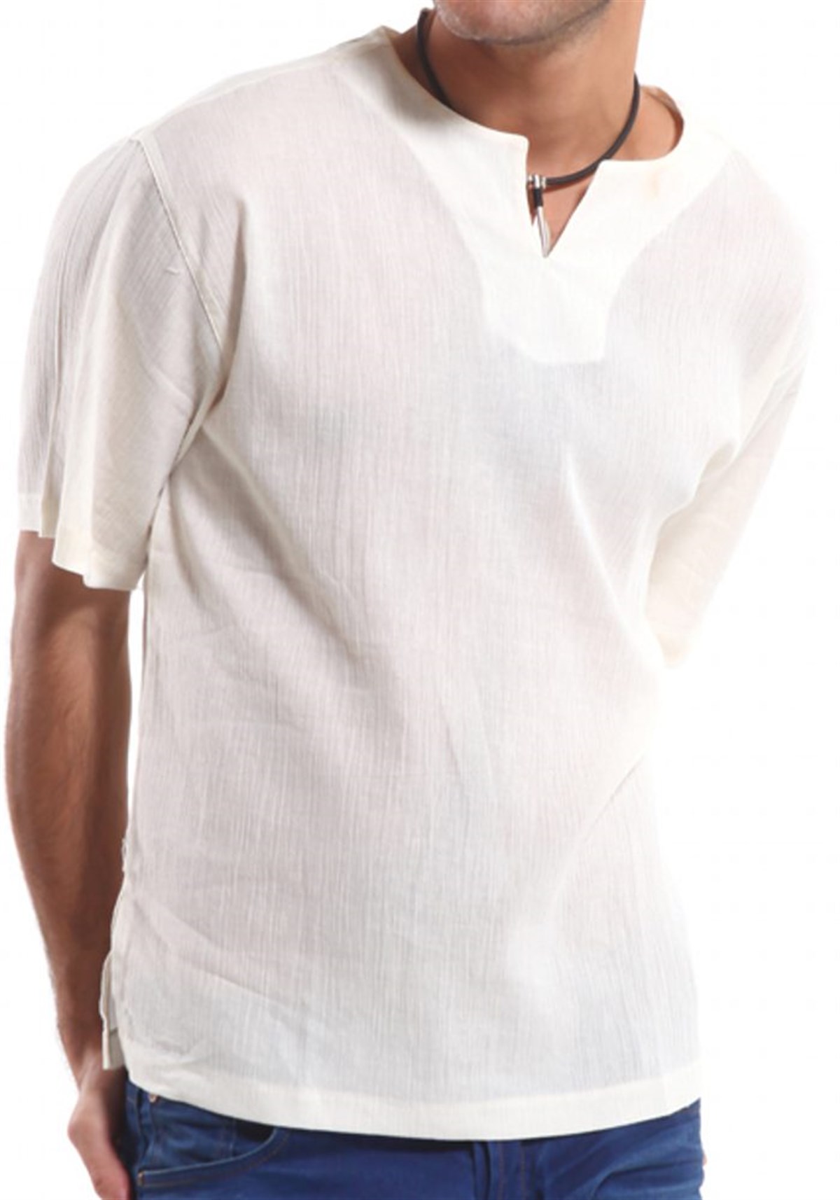 Yakasız Kısa Kollu Tshirt Krem