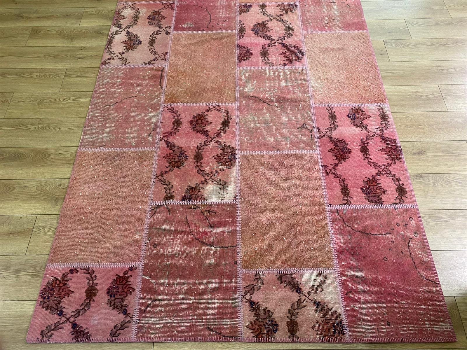 Çam Halı 125 Pembe El Dokuma Patchwork Yün Halı