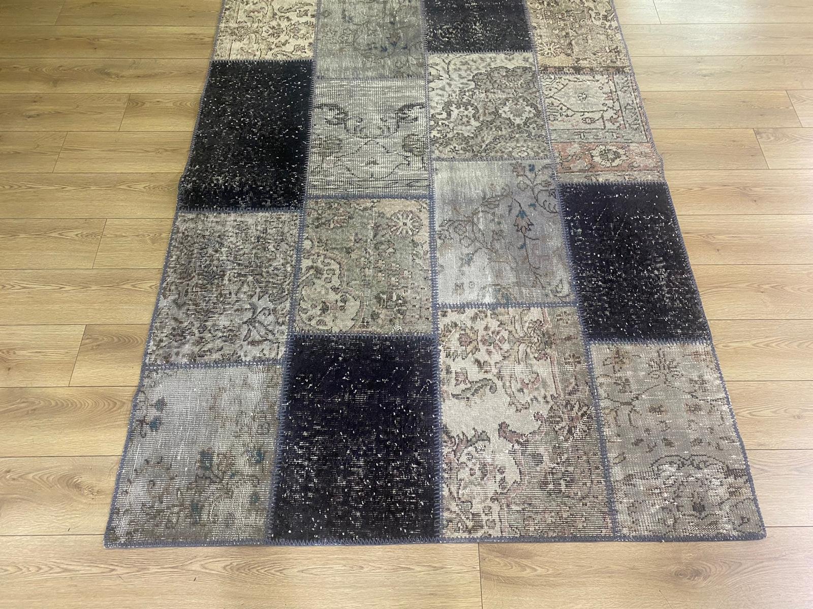 Çam Halı 489 Gri Siyah El Dokuma Patchwork Yün Halı