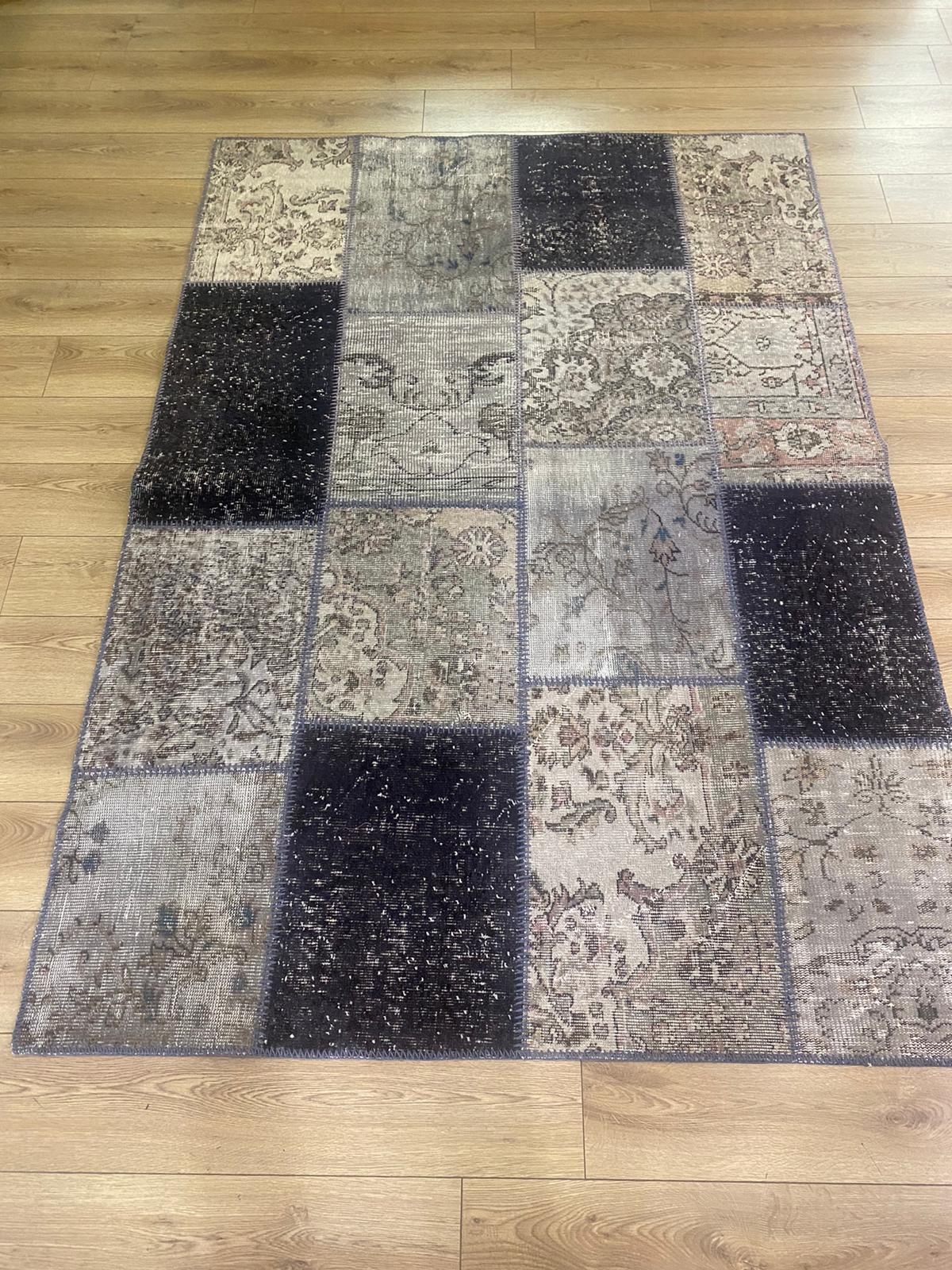 Çam Halı 489 Gri Siyah El Dokuma Patchwork Yün Halı