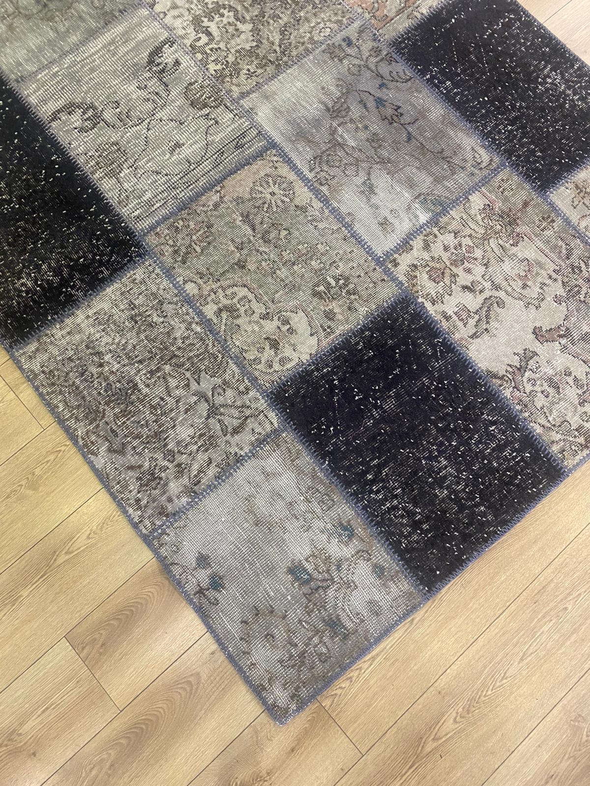 Çam Halı 489 Gri Siyah El Dokuma Patchwork Yün Halı