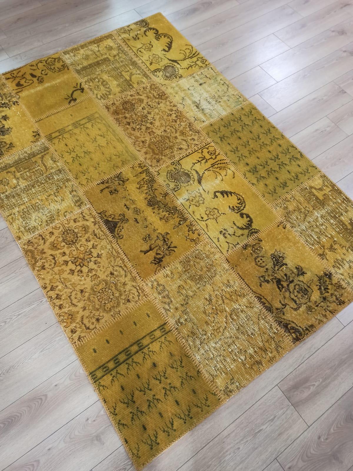 Çam Halı 724 Sarı El Dokuma Patchwork Yün Halı