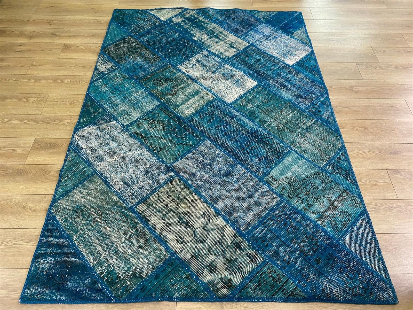 Çam Halı 729 Turkuaz El Dokuma Patchwork Yün Halı