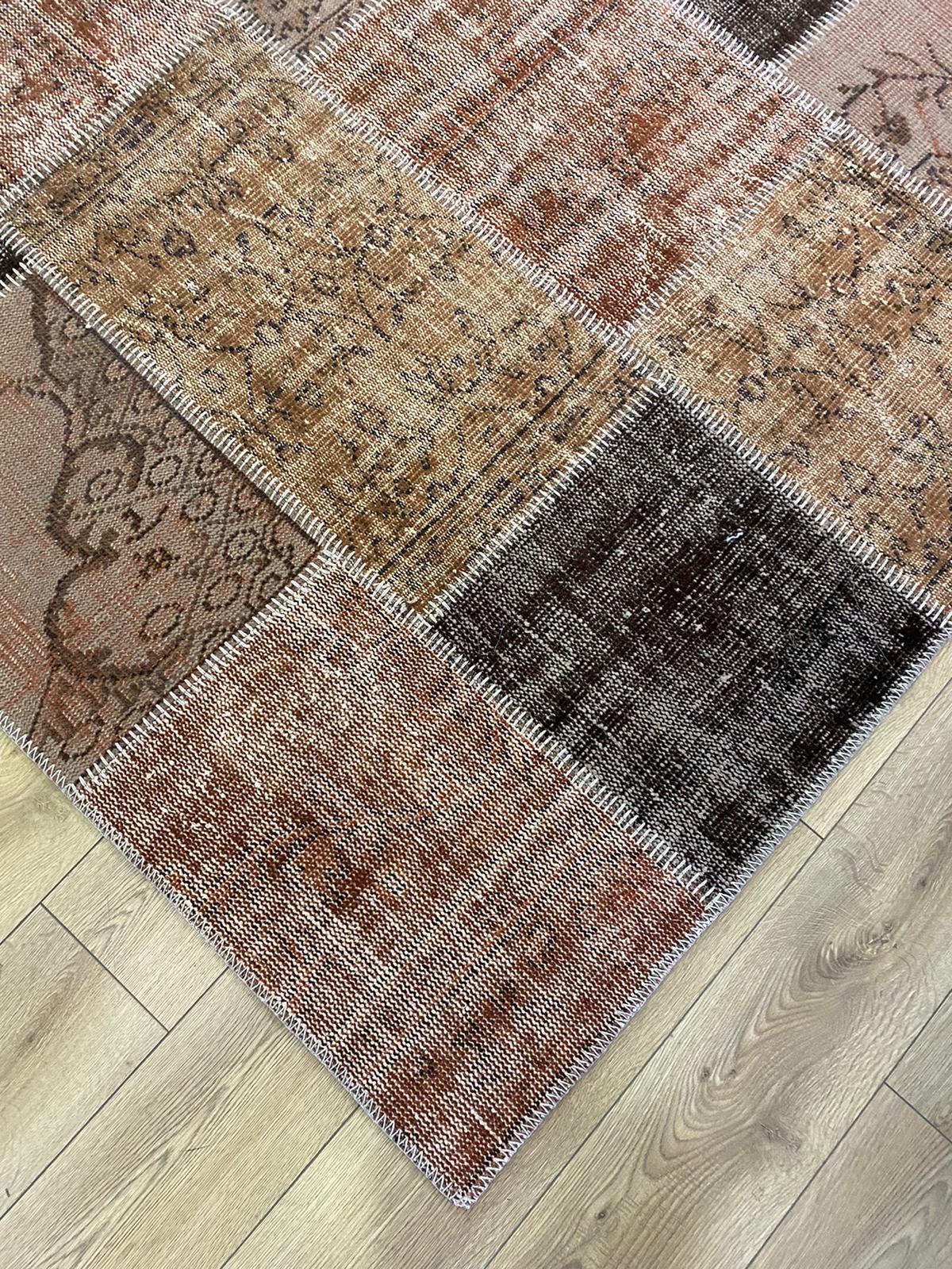Çam Halı 928 Kahve El Dokuma Patchwork Yün Halı