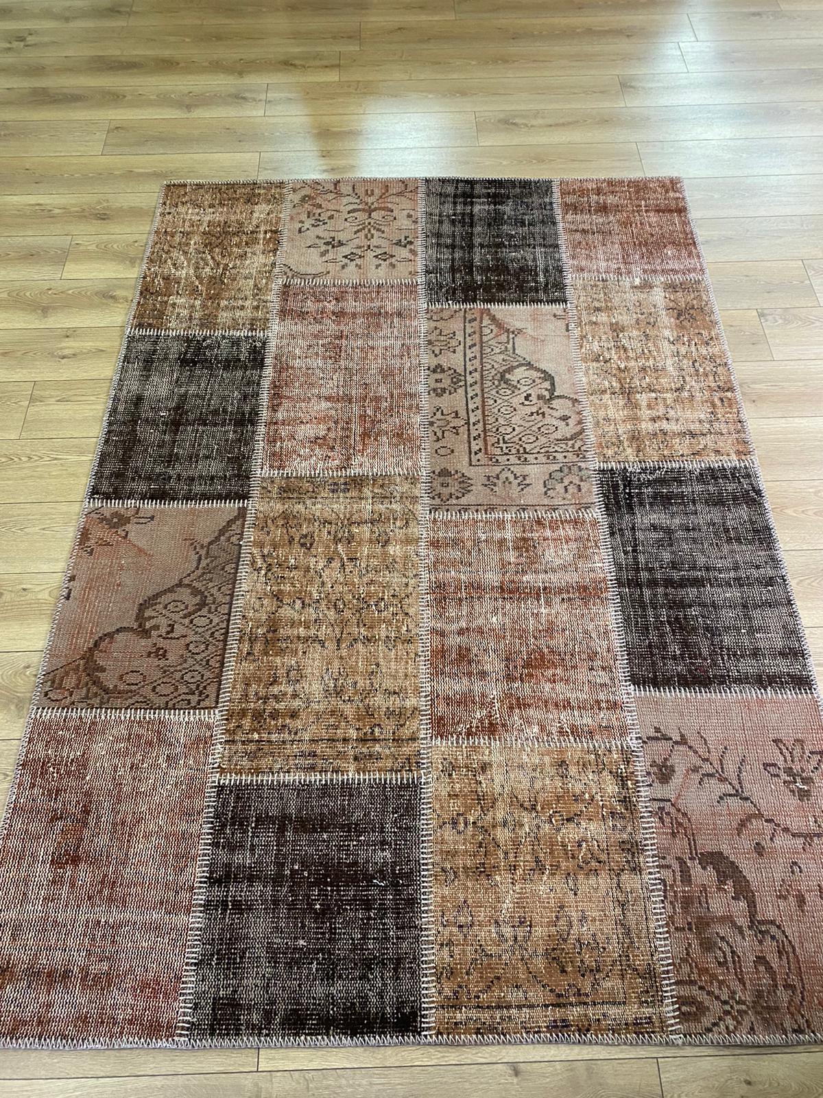 Çam Halı 928 Kahve El Dokuma Patchwork Yün Halı