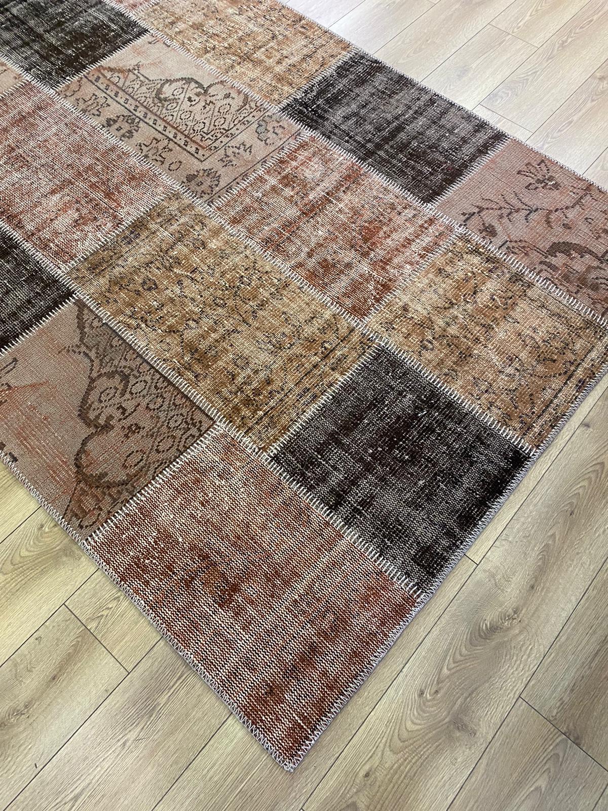 Çam Halı 928 Kahve El Dokuma Patchwork Yün Halı