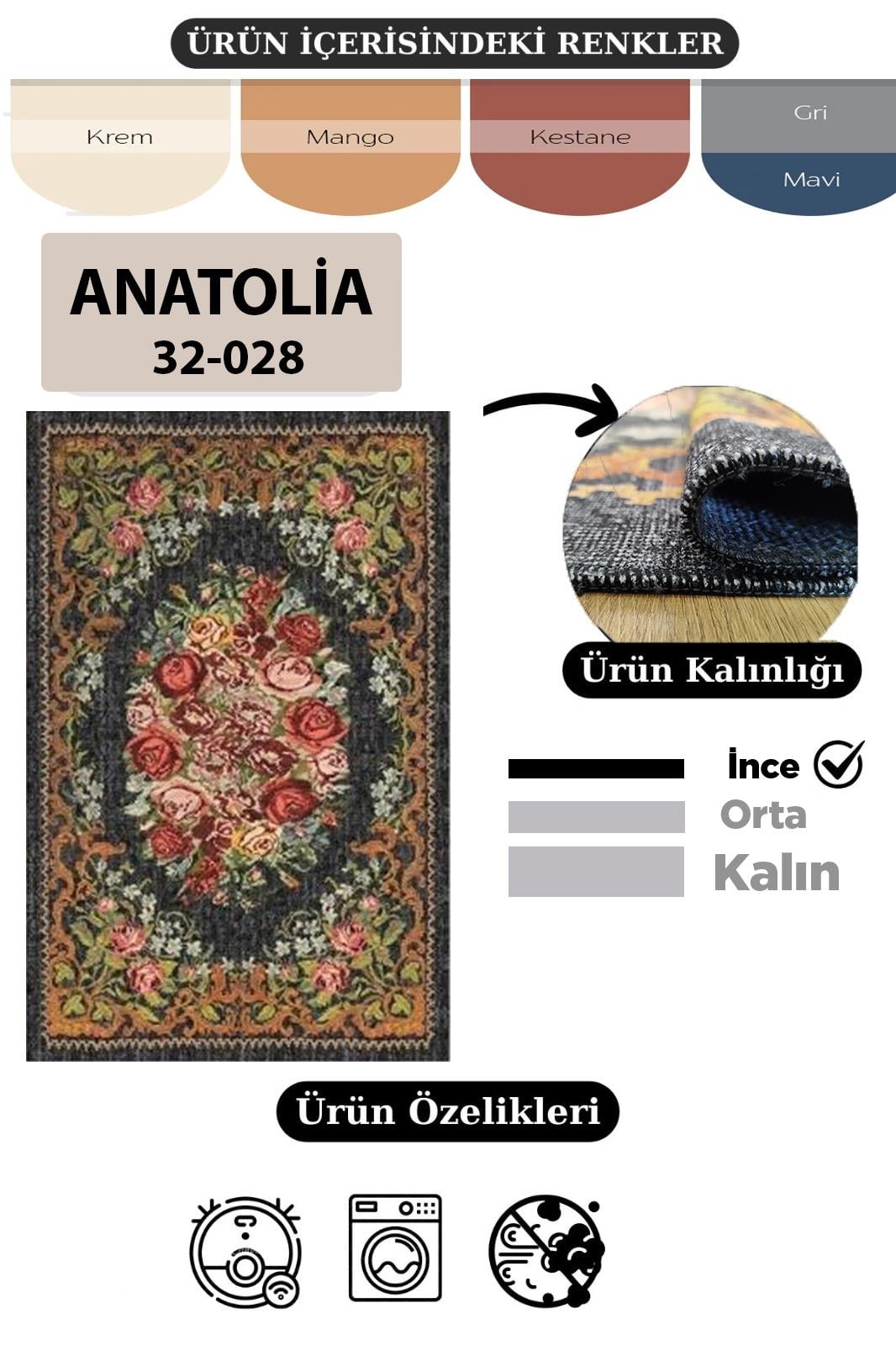 Çam Halı Anatolia 32-028 Karabağ Halısı Desenli Dokuma Tabanlı Yıkanabilir Şönil Salon ve Oda Halısı