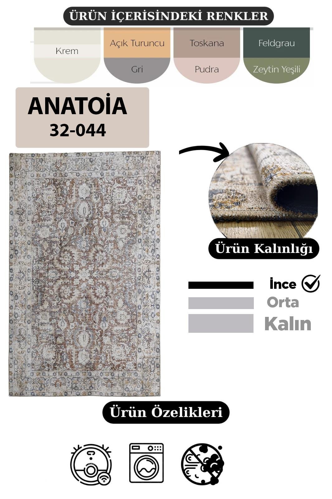 Çam Halı Anatolia 32-044 Etnik Eskitme Desenli Dokuma Tabanlı Yıkanabilir Şönil Salon ve Oda Halısı