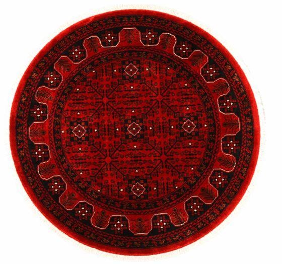 Çam Halı Bambos Plus 901 Kırmızı Daire Yün ve Bambu ile Özel Tezgahlarda Üretilen Afgan Halısı Desenli El Emeği Modern Uşak Halısı