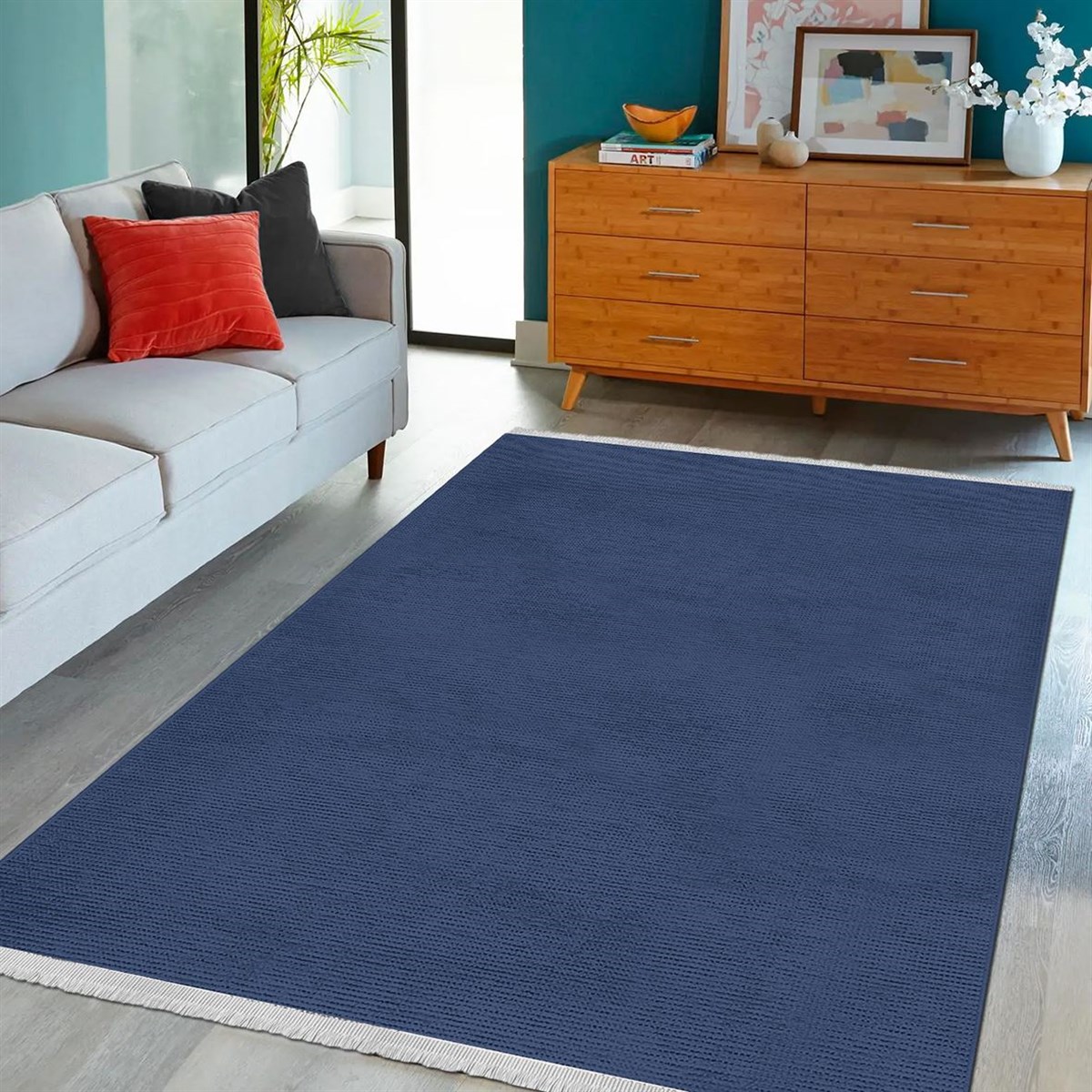 Çam Halı Crea Decolux Azade 8207 Lacivert Özel Kaymaz Tabanlı Pamuk Dokuma Kilim