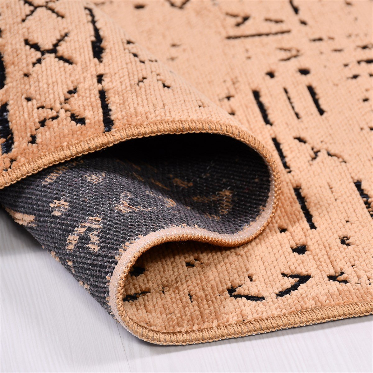 Çam Halı Crea Decolux Vena 8013 Hardal Özel Kaymaz Tabanlı Pamuk Dokuma Kilim