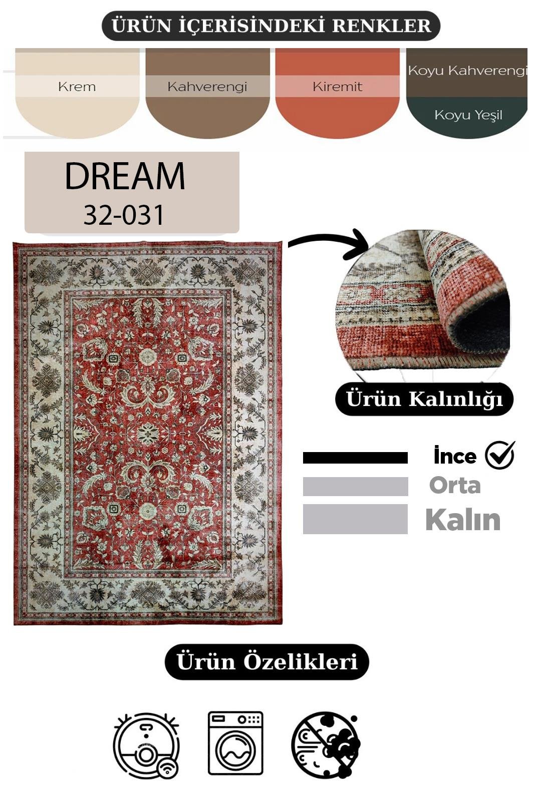 Çam Halı Dream 32-031 Etnik Eskitme Desenli Dokuma Tabanlı Yıkanabilir Şönil Salon ve Oda Halısı