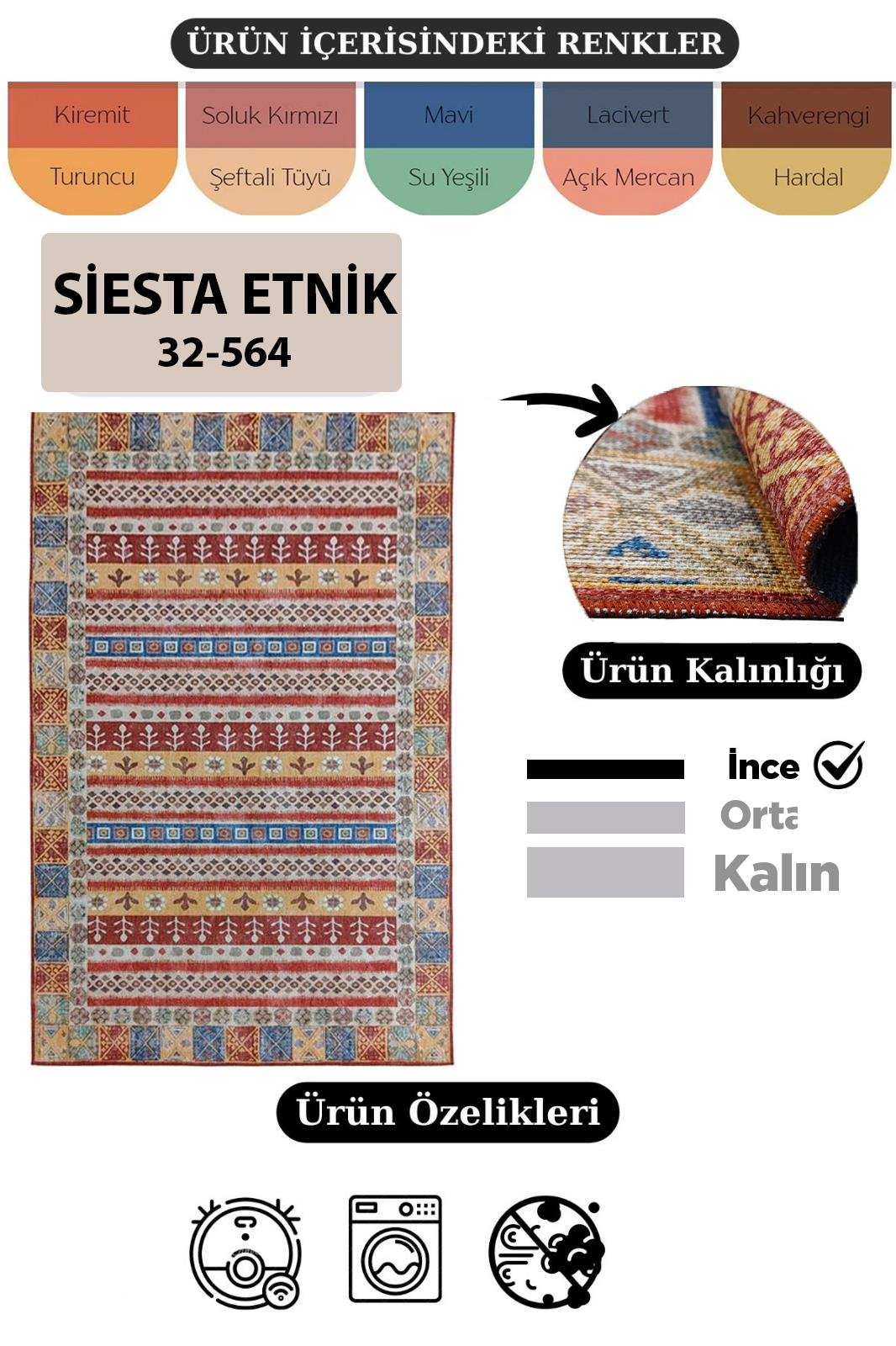 Çam Halı Siesta Etnik 32-564 Etnik Eskitme Desenli Dokuma Tabanlı Yıkanabilir Şönil Salon ve Oda Halısı