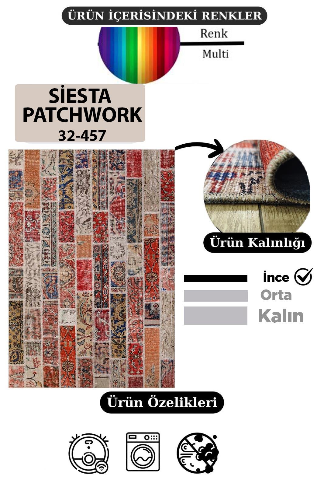 Çam Halı Siesta Patchwork 32-457 Etnik Eskitme Desenli Dokuma Tabanlı Yıkanabilir Şönil Salon ve Oda Halısı