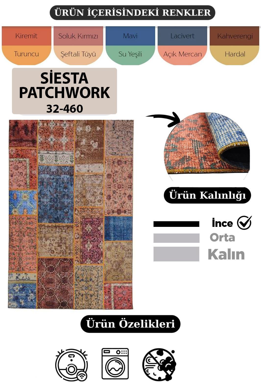 Çam Halı Siesta Patchwork 32-460 Etnik Eskitme Desenli Dokuma Tabanlı Yıkanabilir Şönil Salon ve Oda Halısı
