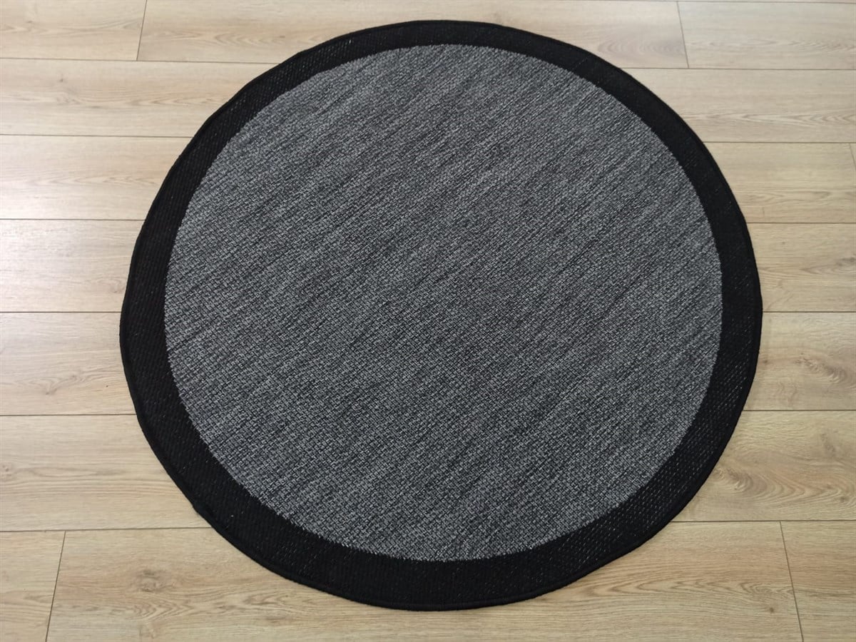 Çam Halı Sisal 9714 Gri / Siyah Bordürlü Daire Jüt Sisal Kilim