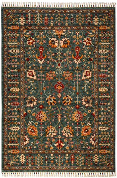Çam Halı Sultani 805 Yeşil Yün ve Bambu ile Özel Tezgahlarda Üretilen Otantik Desenli El Emeği Modern Uşak Halısı