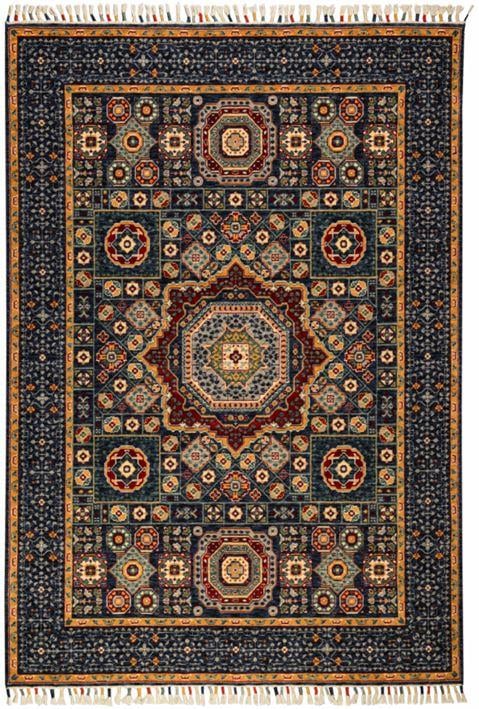 Çam Halı Sultani 821 Lacivert Yün ve Bambu ile Özel Tezgahlarda Üretilen Otantik Desenli El Emeği Modern Uşak Halısı