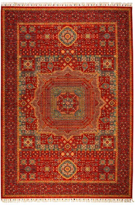 Çam Halı Sultani 822 Kırmızı Yün ve Bambu ile Özel Tezgahlarda Üretilen Otantik Desenli El Emeği Modern Uşak Halısı
