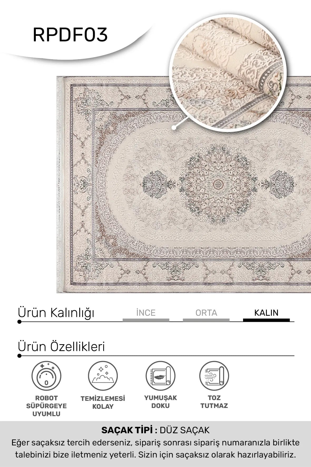 DENİZ -Krem / Bej -Oturma Odası,Salon- Robot Süpürgeye Uyumlu -Kolay Temizlenebilir