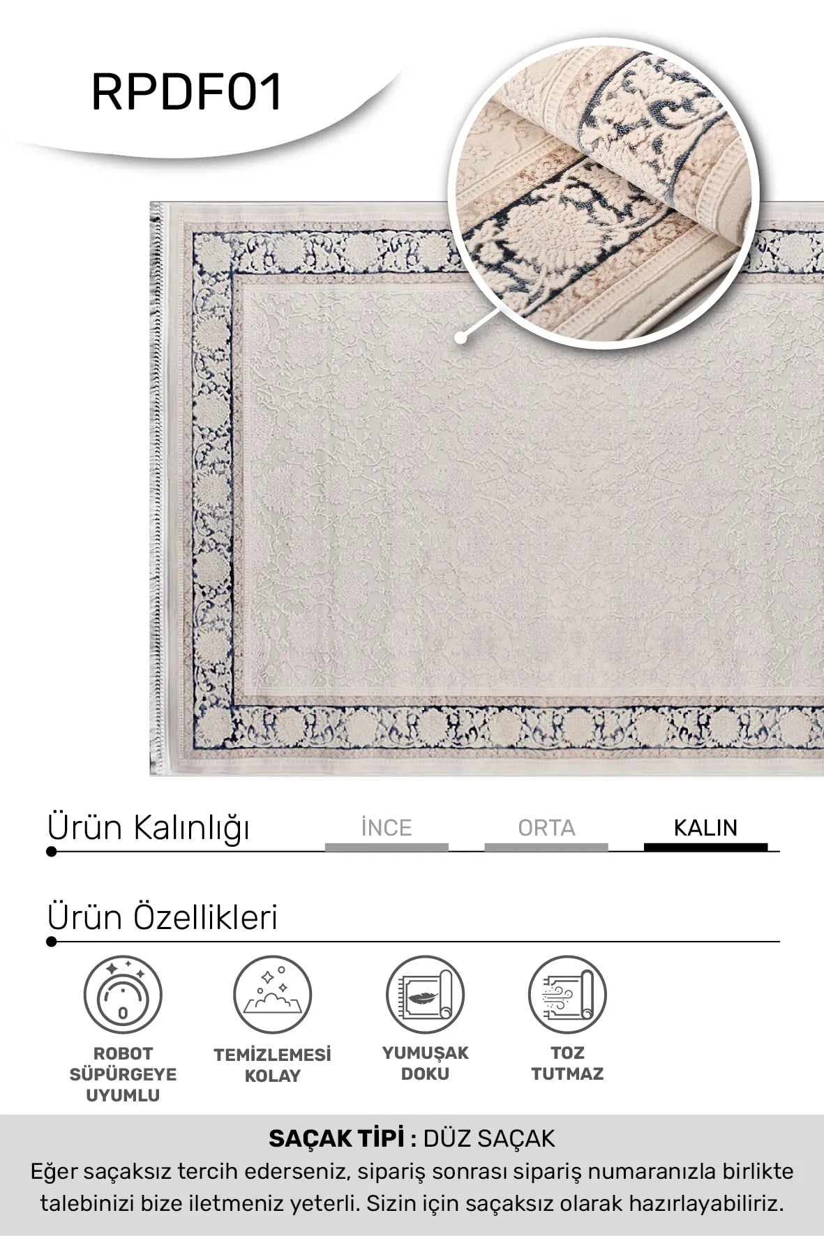 DENİZ -Krem / Lacivert-Oturma Odası,Salon- Robot Süpürgeye Uyumlu -Kolay Temizlenebilir
