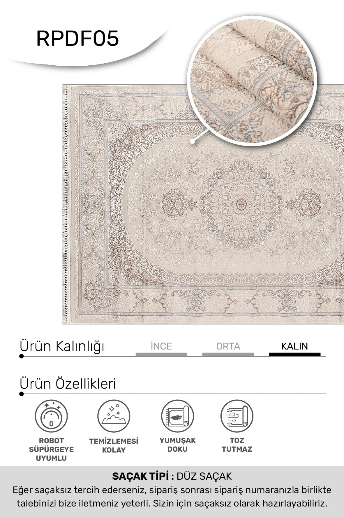 DENİZ -Krem / Vizon / Renkli -Oturma Odası,Salon- Robot Süpürgeye Uyumlu -Kolay Temizlenebilir