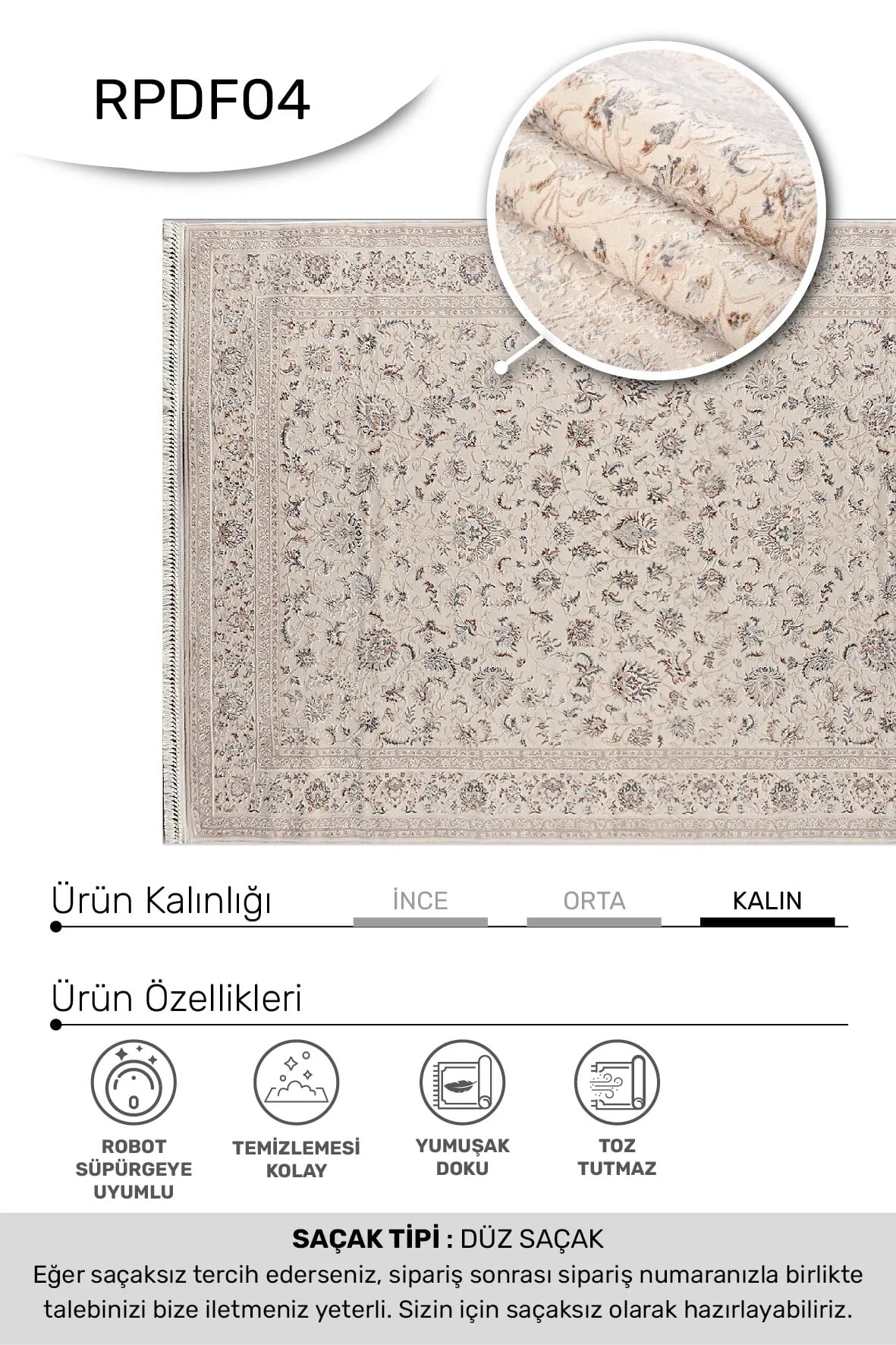 DENİZ -Krem / Vizon / Renkli -Oturma Odası,Salon- Robot Süpürgeye Uyumlu -Kolay Temizlenebilir