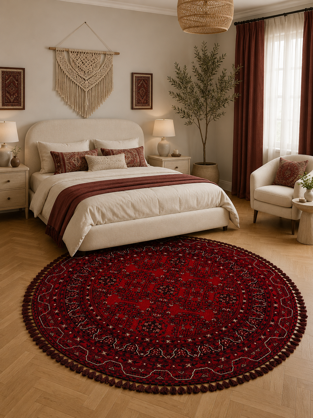 Eko Halı BUHARİ BHR 02 RED DAİRE Afgan / Yağcıbedir Desenli Hav Toz Vermez Yıkanabilir Kaymaz İnce Dokuma Halı