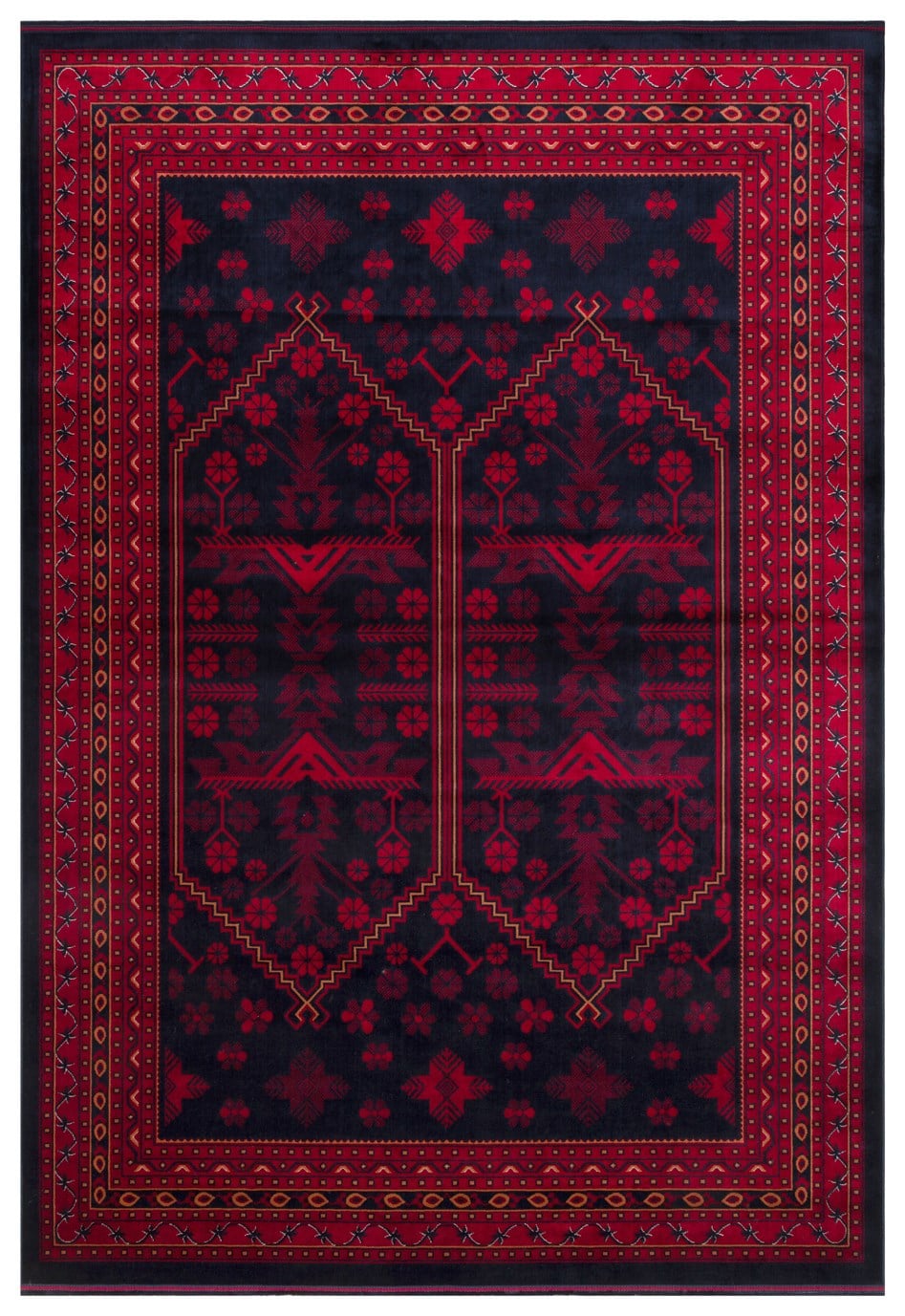 Eko Halı HERAT HER 01 NAVY Afgan Desenli Viskon Sıkı Dokuma Kaymaz Tabanlı İnce Makine Halısı
