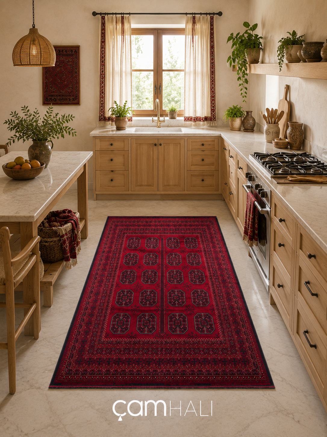 Eko Halı HERAT HER 02 RED Afgan Desenli Viskon Sıkı Dokuma Kaymaz Tabanlı İnce Makine Halısı