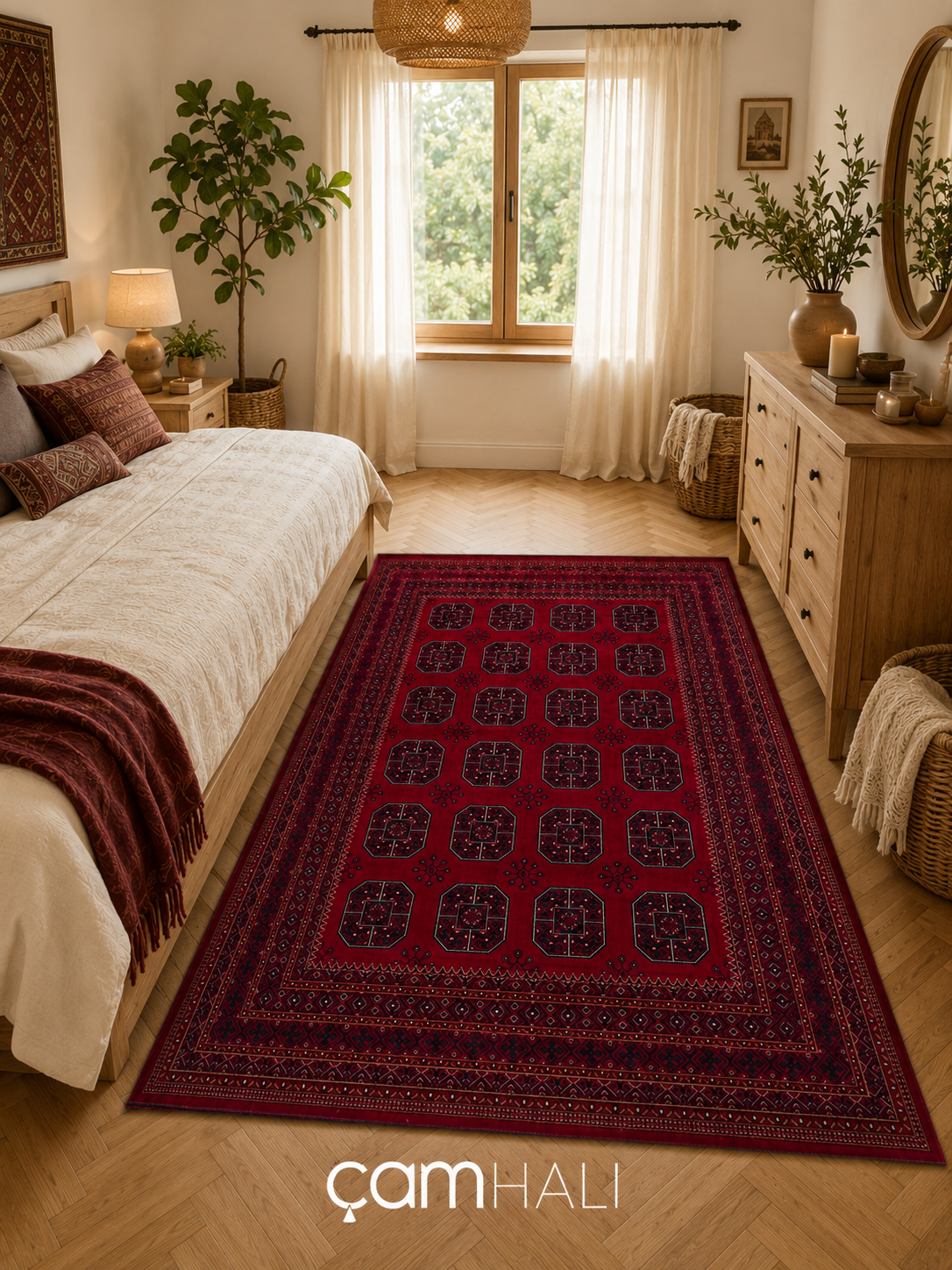 Eko Halı HERAT HER 02 RED Afgan Desenli Viskon Sıkı Dokuma Kaymaz Tabanlı İnce Makine Halısı
