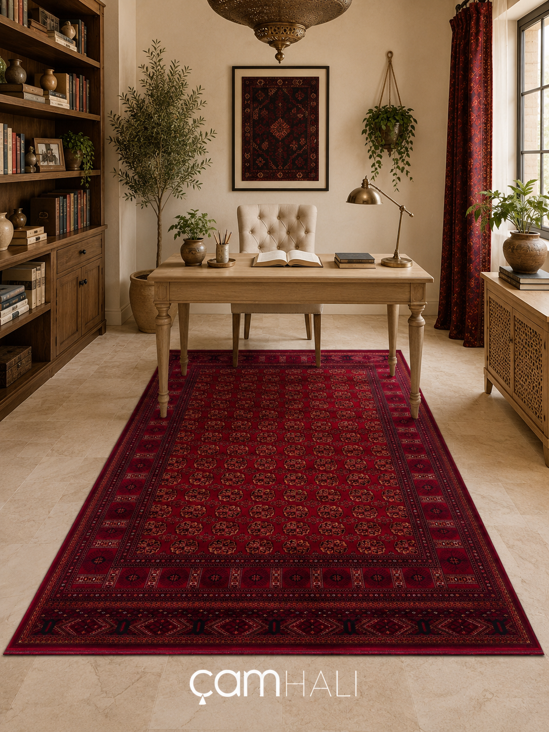 Eko Halı HERAT HER 03 RED Afgan Desenli Viskon Sıkı Dokuma Kaymaz Tabanlı İnce Makine Halısı