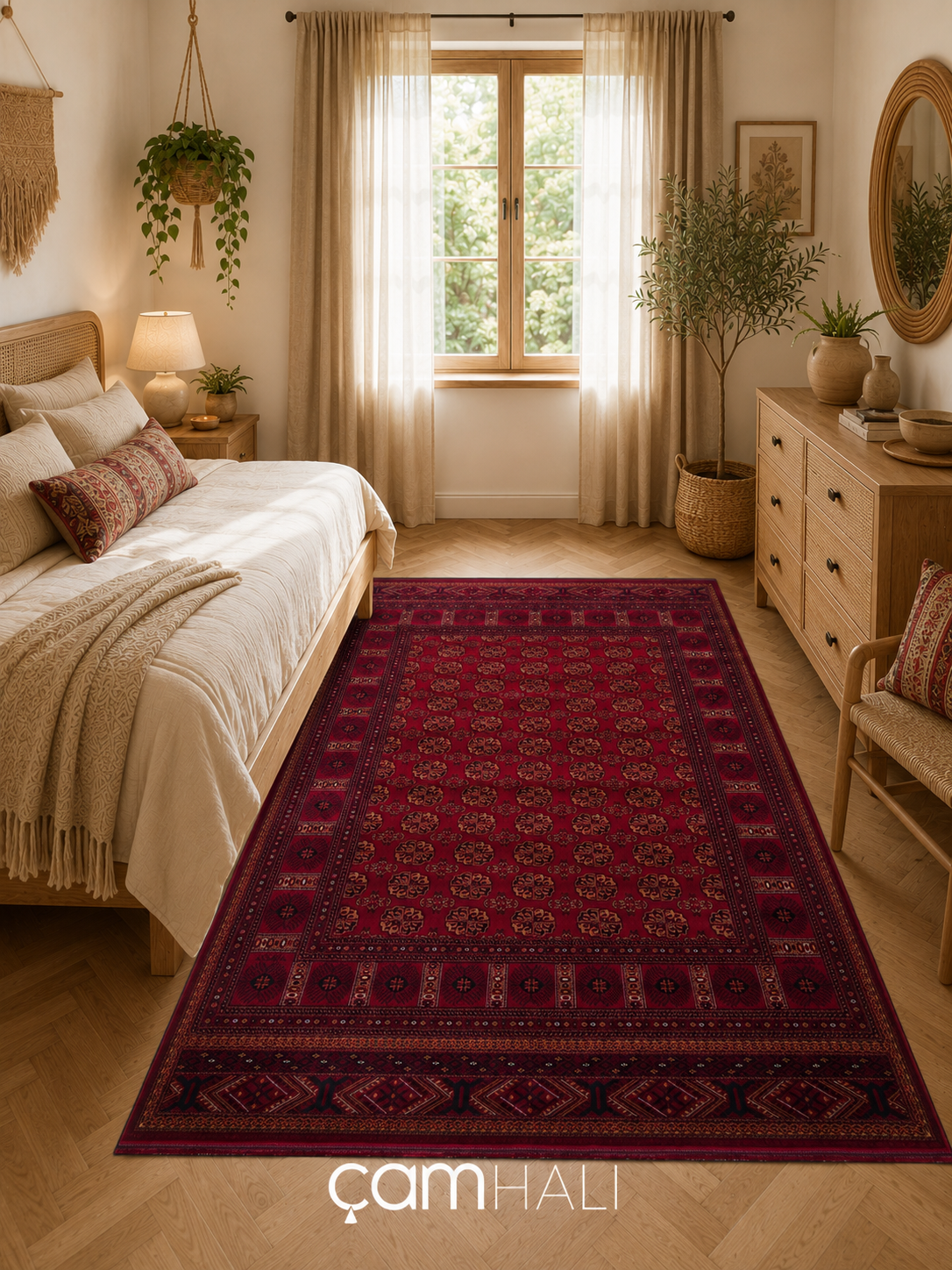 Eko Halı HERAT HER 03 RED Afgan Desenli Viskon Sıkı Dokuma Kaymaz Tabanlı İnce Makine Halısı